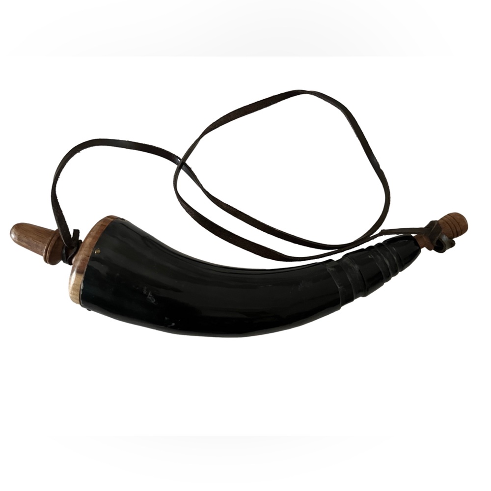 Vintage Powder Horn Replica with Leather Strap & Wooden Stoppers